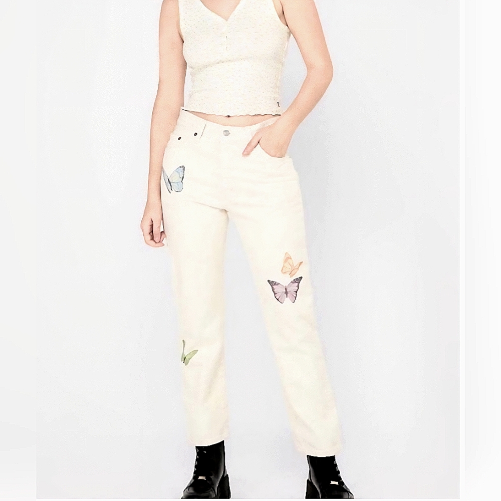 Levi’s Original High Rise 501 Cream Butterfly Denim Jeans 32 X 28 Cotton